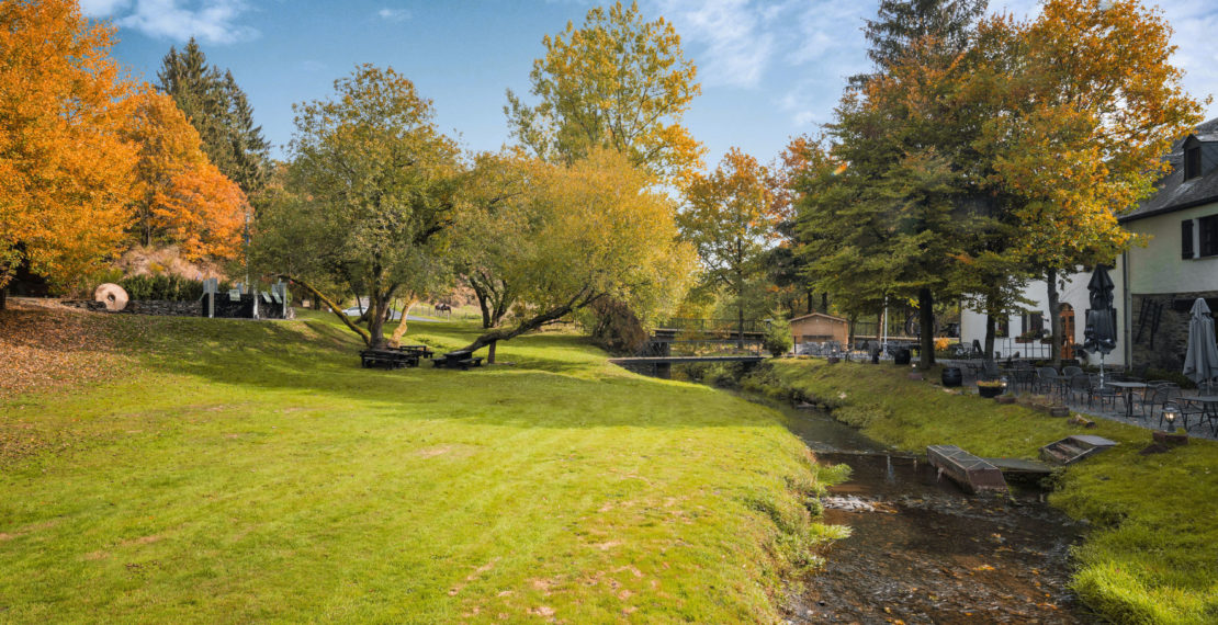 View on back of hotel, terrace in fall
